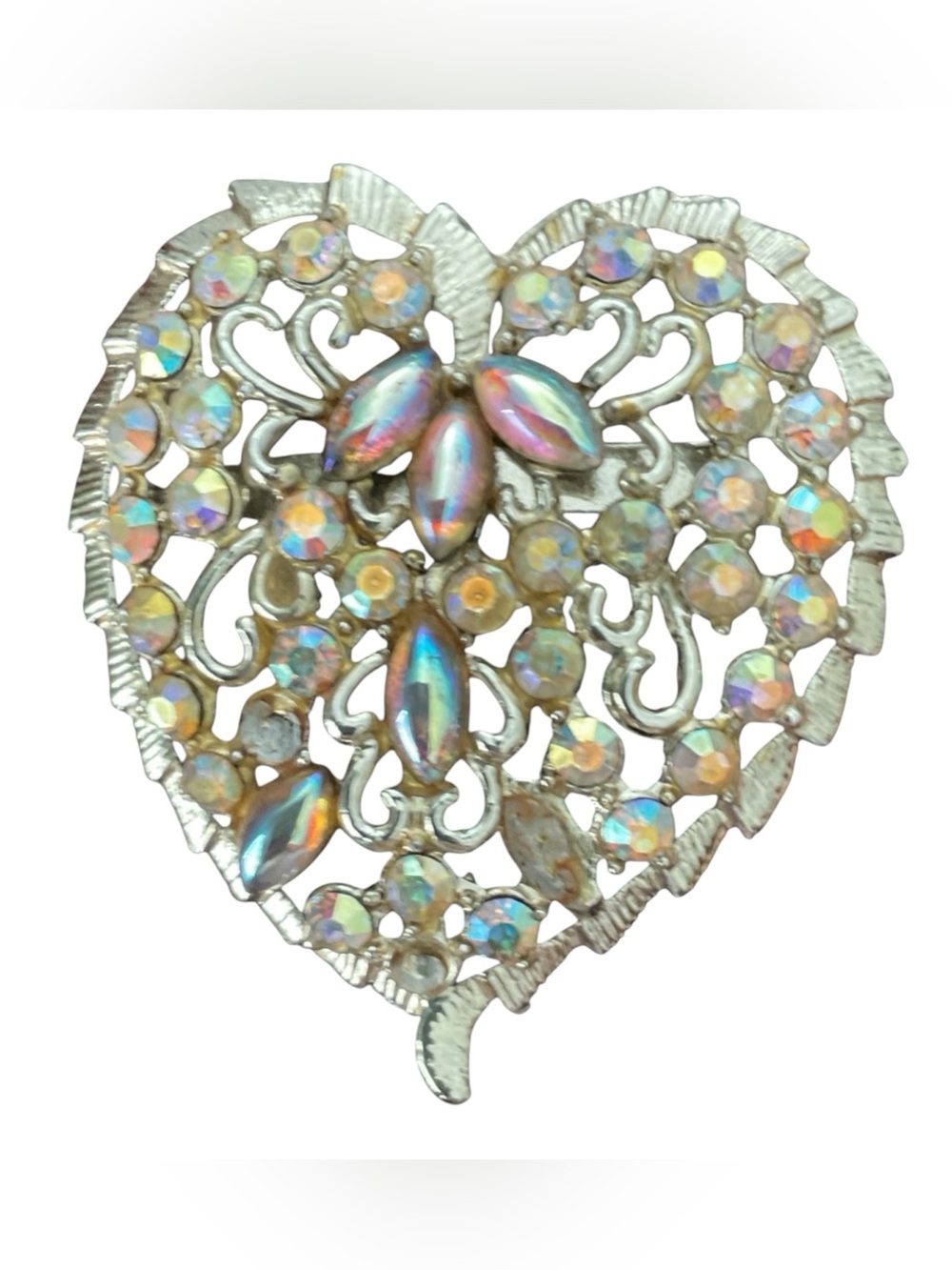CORODESIGNS Heart Domed Broach Aurora Borealis Rhinestones Silver Tone